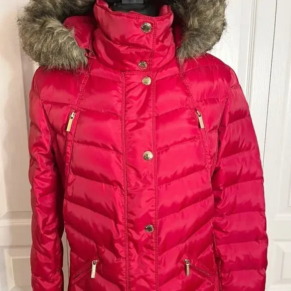 Michael Kors Down Water Fowl Feathers Chevron Quilted Puffer Hooded Parka Coat